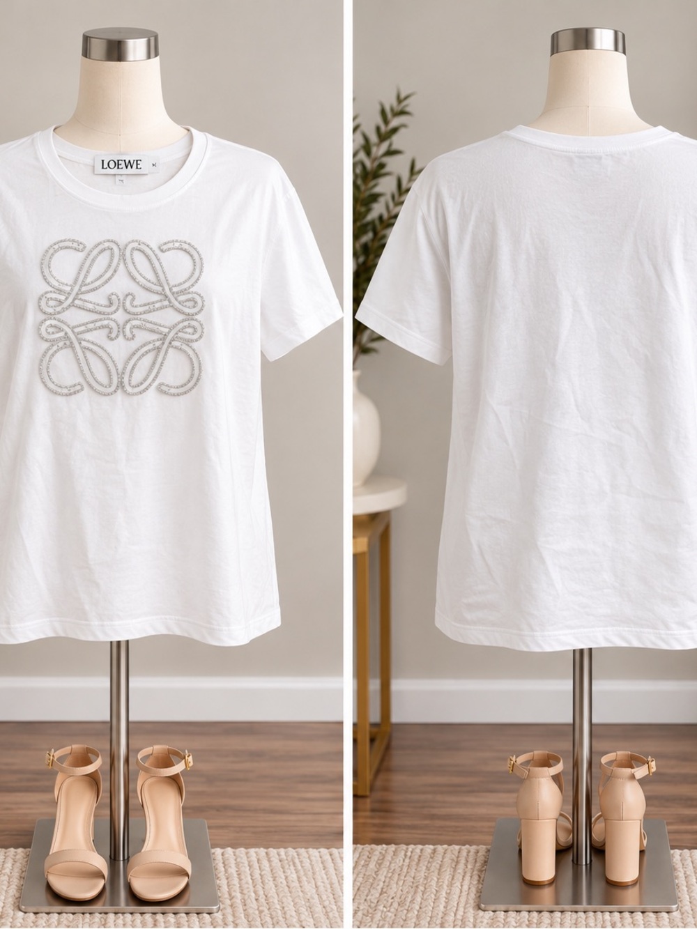 Loewe White Short-Sleeve Cotton Tee with Embroidered Anagram